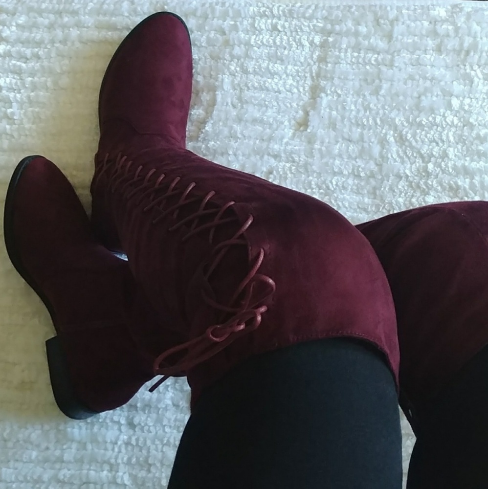 RESTOCKED Boots over knee lace side Up color Wine - Picture 3 of 8